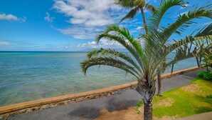 A coastal view with a clear sky, calm sea, and a palm tree in the foreground. - Direct Oceanfront Maui Studio,Romantic,Breathtaking View from Huge Private Lanai (Lahaina)