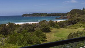 A coastal landscape with a beach, dense greenery, and a clear sky. - 3 bedroom beachfront property - Stunning Ocean views - direct access to beach (Kiama Downs)