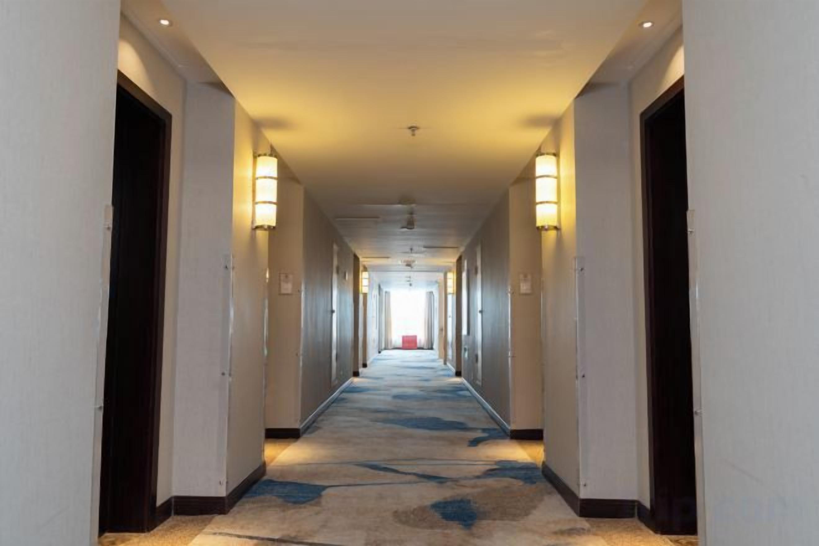 A hotel hallway with a carpeted floor, doors on both sides, and wall-mounted lights.