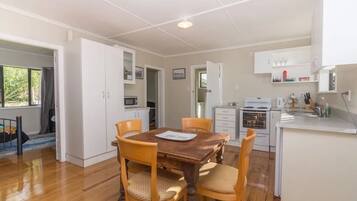 Fridge, microwave, electric kettle, toaster