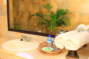 Une salle de bain équipée d’un lavabo, d’un miroir, d’une plante en pot, de serviettes et d’articles de toilette.