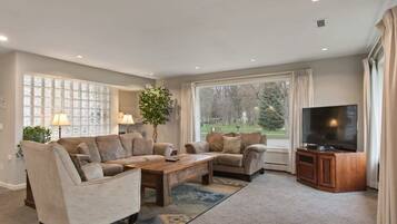 Televisie, een open haard, een dvd-speler en een kantoor