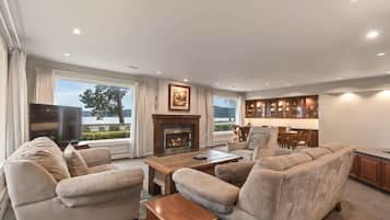 Televisio, takka, DVD-soitin, työhuone