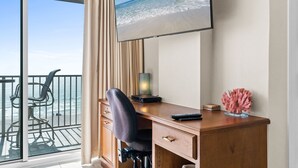 Ett hotellrum med ett skrivbord, en stol och ett stort fönster med utsikt över stranden.