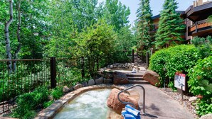 Une zone de sources chaudes avec une piscine en pierre, entourée de verdure et délimitée par une clôture en bois.
