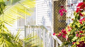 A white house with a white porch and a metal gate. - Ruby's Place is a unique beach house with all the creature comforts of home (Black Head)