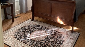 A bedroom with a wooden bed, a ceiling fan, a nightstand, a TV, and a large patterned rug.