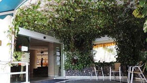 An indoor area with a glass entrance, a seating area with chairs, and a wall covered in greenery. - Tropical Green Park - Pool - Parking - La Corbeta Building (San Miguel de Abona)