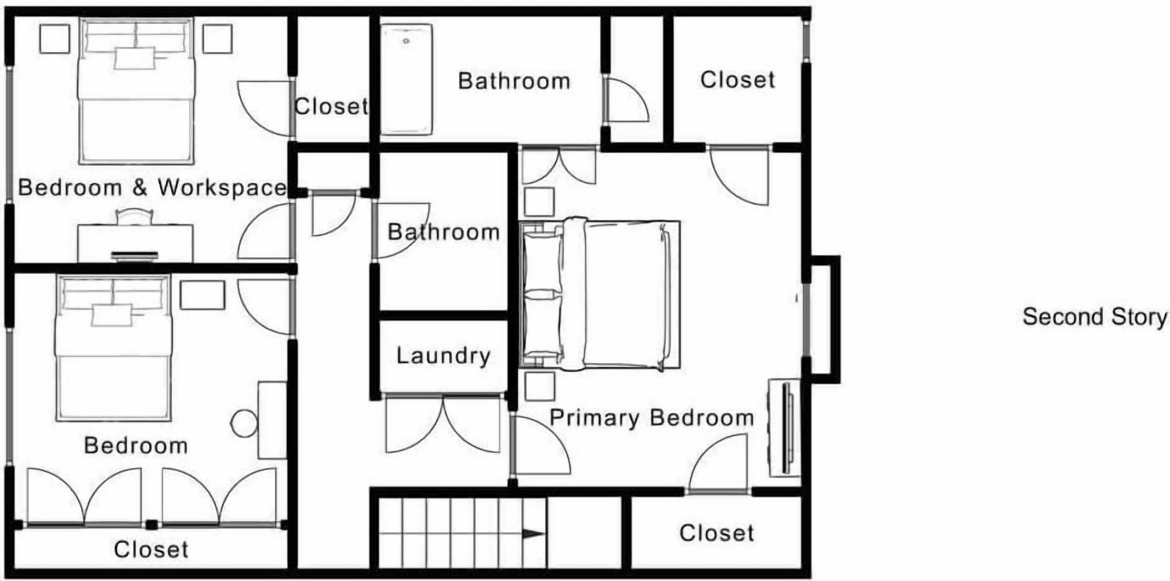 A floor plan with a bedroom, bathroom, closet, laundry, and a bedroom & workspace.