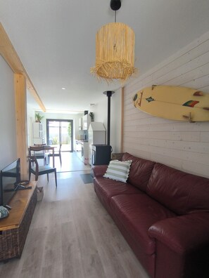 Smart TV, fireplace, books