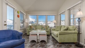 A living room with a blue armchair, two green sofas, a white coffee table, and a floor lamp. - IDEAL LOCATION - ONLY A BLOCK AND A HALF TO BEACH- 208 Fourth Street, Bethany (Bethany Beach)