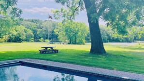 A swimming pool with a picnic table and a large tree in the background.