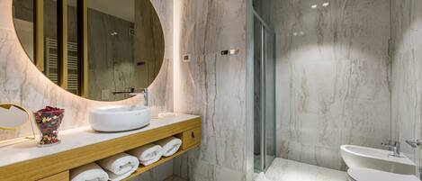 Shower, hair dryer, bidet, towels