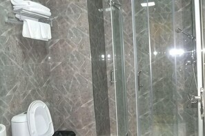 A bathroom with a glass shower enclosure, a toilet, and a sink.