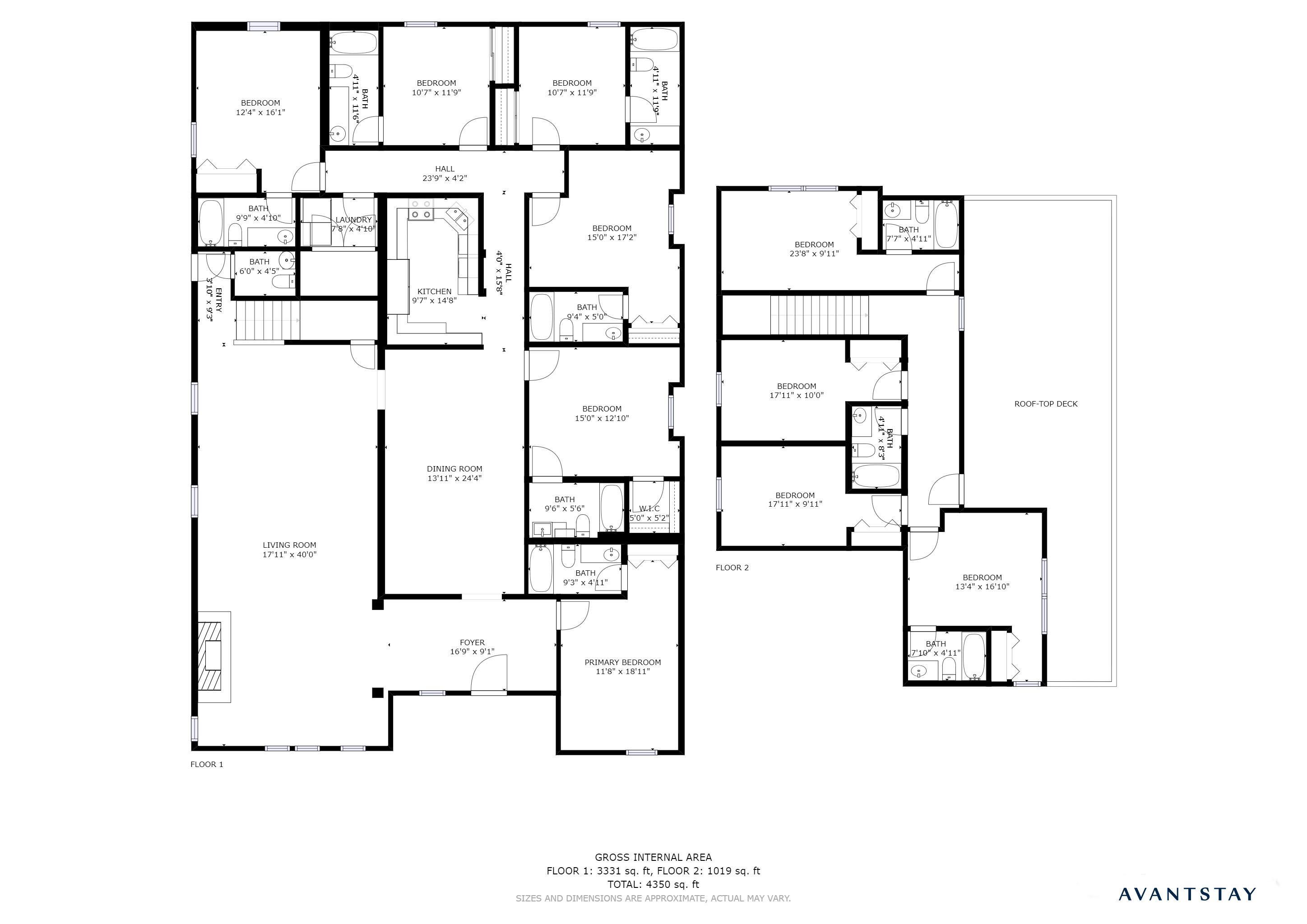 A floor plan of a hotel with two floors, including bedrooms, bathrooms, a kitchen, a dining room, and a living room.