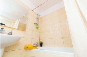 Combined shower/bathtub, hair dryer