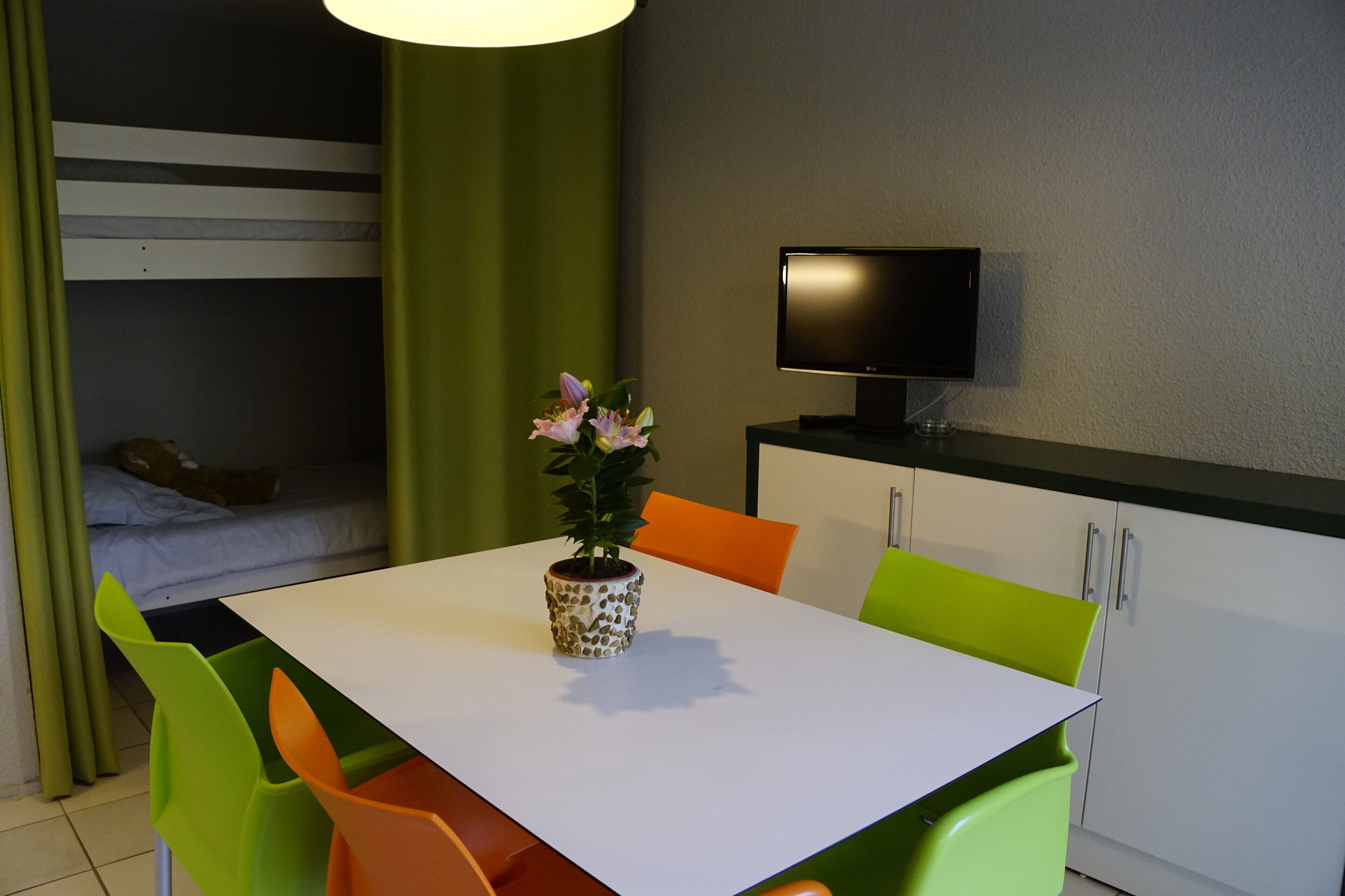 A room with a bunk bed, a table with chairs, a potted plant, and a television on a stand.