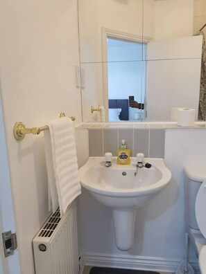 A bathroom with a white sink, a toilet, and a towel rack.