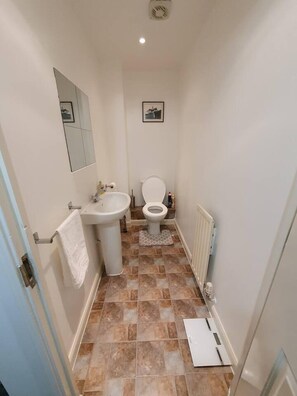 A narrow bathroom with a sink, toilet, and a small mirror.