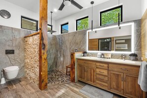 Combined shower/tub, hair dryer, towels