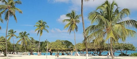 On the beach, sun loungers, beach towels