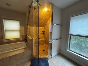 Combined shower/tub, jetted tub, hair dryer, towels