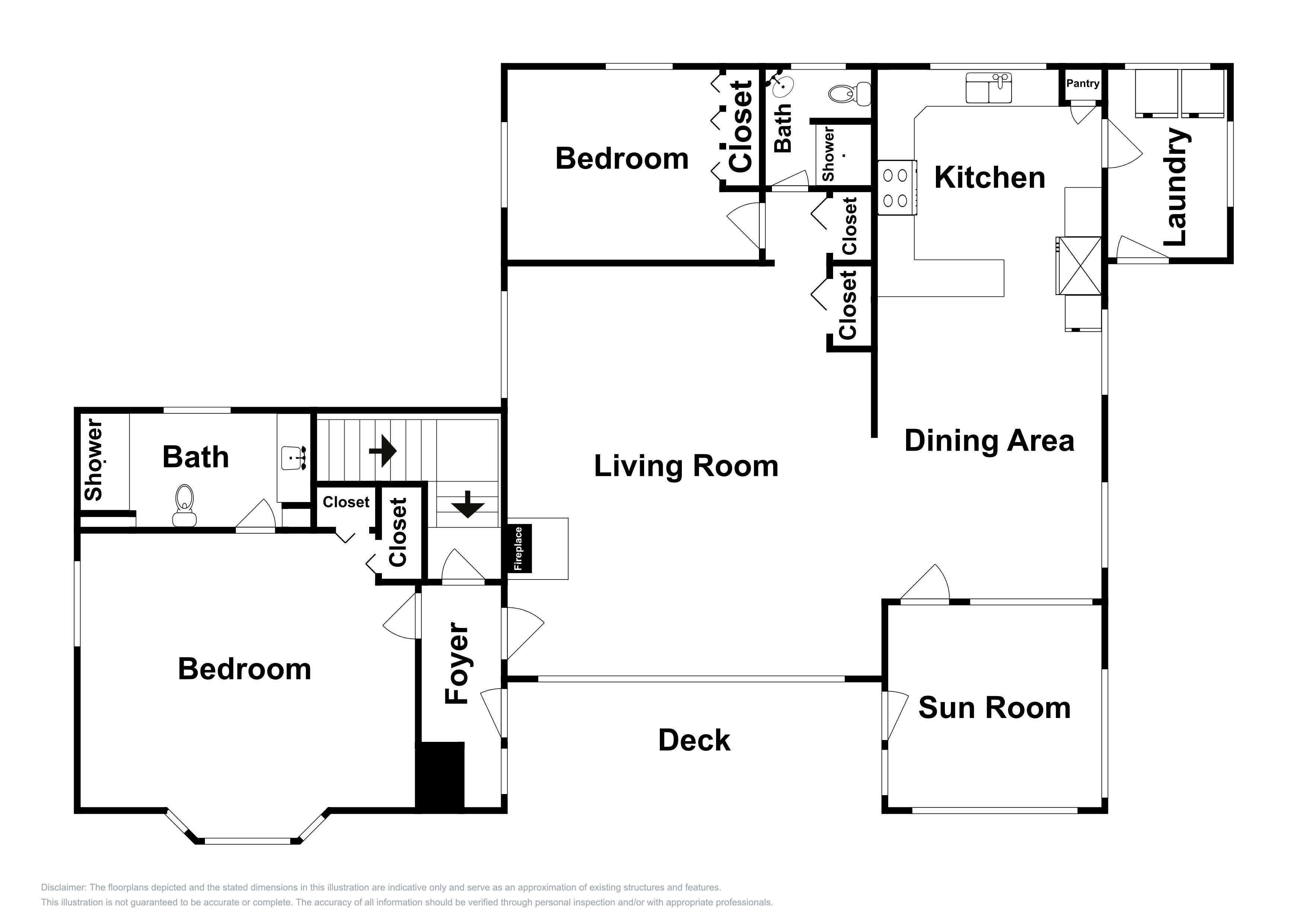 Un plan d’étage d’une maison comprenant une chambre, une salle de bain, un salon, un coin repas, une cuisine, une buanderie, une véranda et une terrasse.