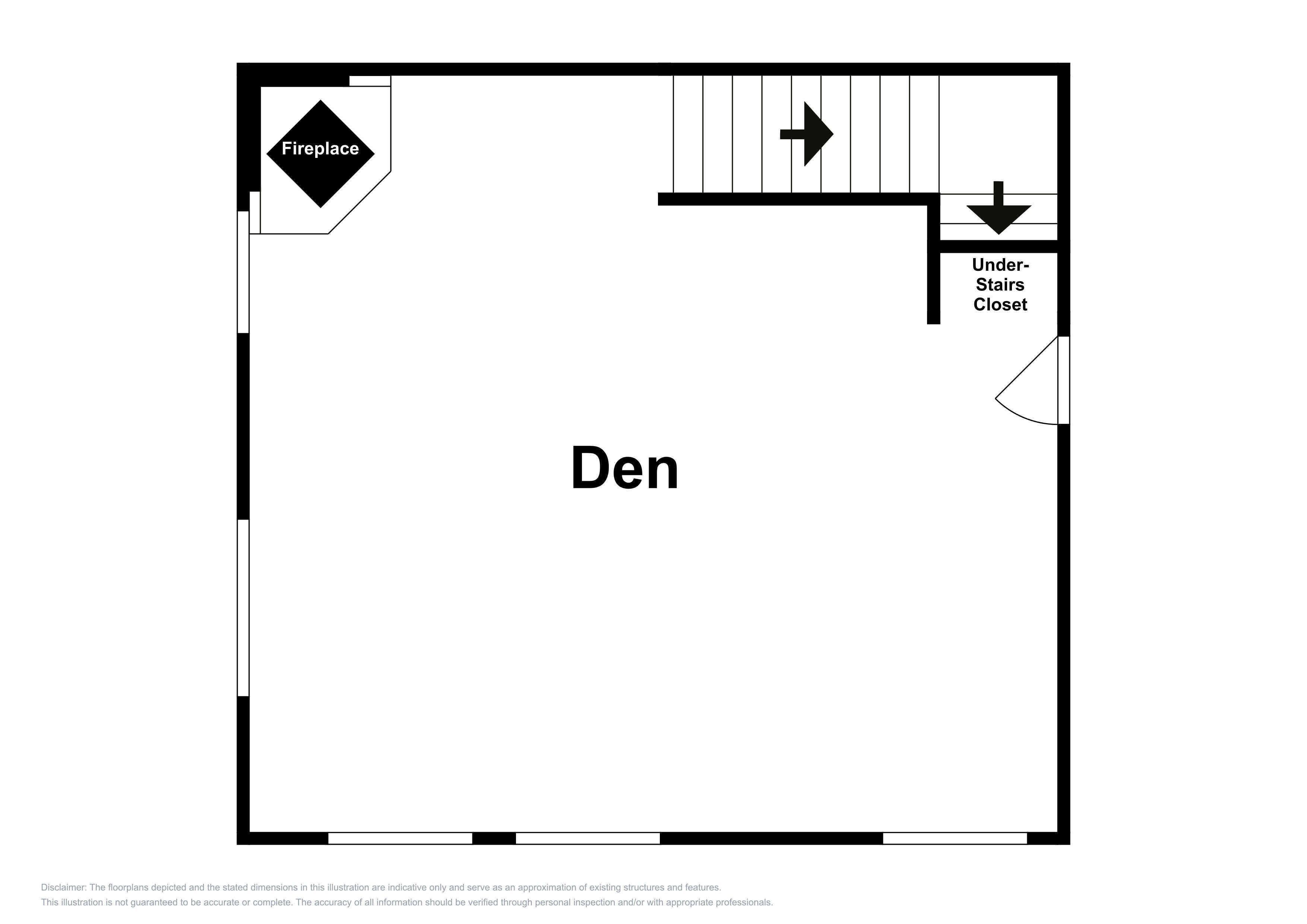 Un plan d’étage d’un bureau/salon avec une cheminée, un placard sous l’escalier et un escalier.