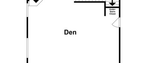 Un plan d’étage d’un bureau/salon avec une cheminée, un placard sous l’escalier et un escalier.