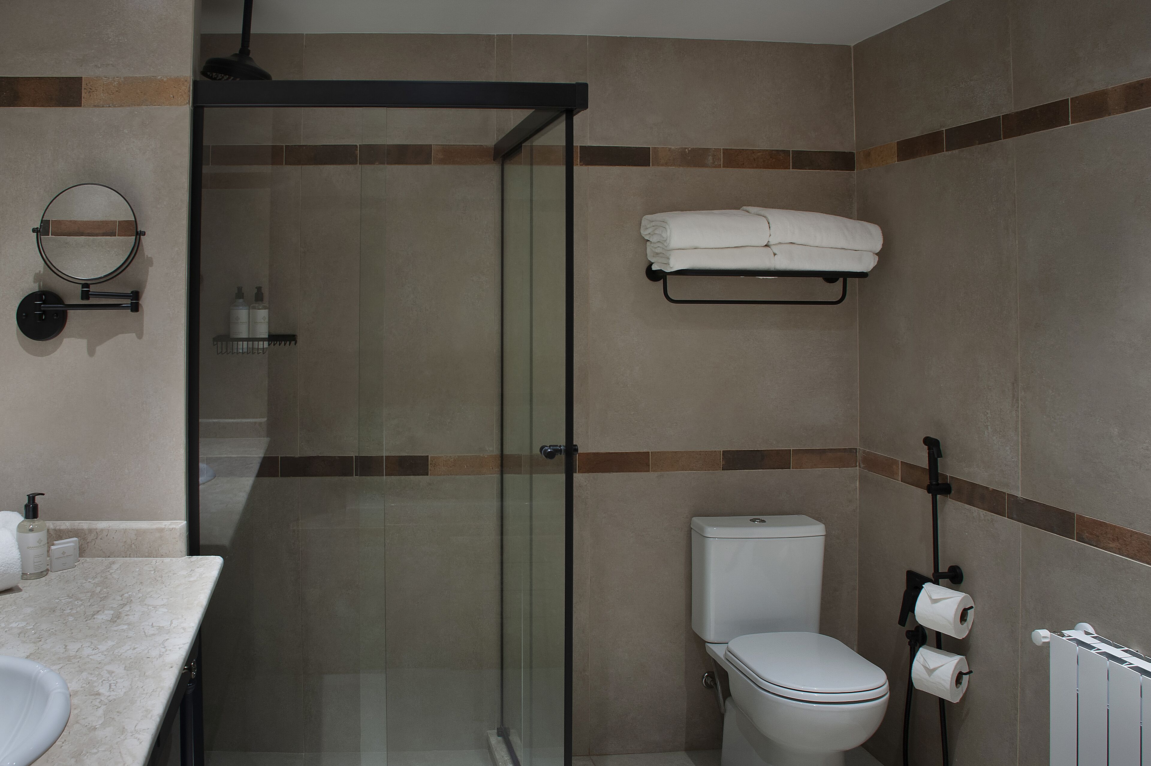 A bathroom with a glass-enclosed shower, a toilet, a sink, and a towel rack.