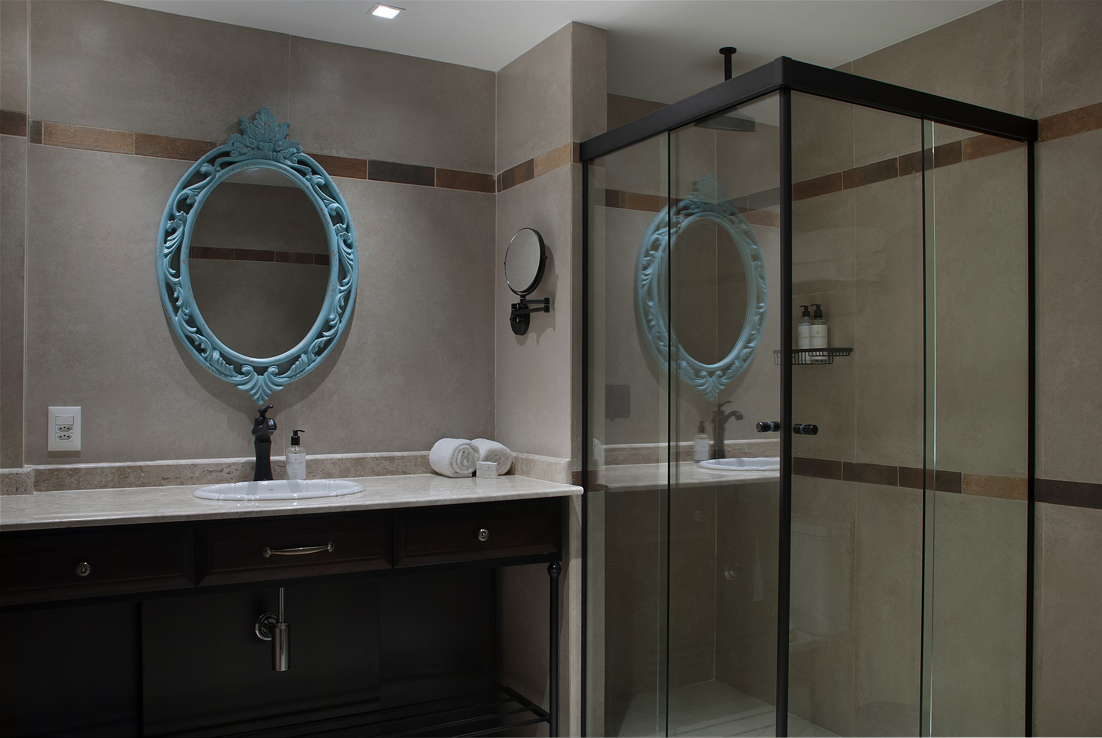 hair dryer, bathrobes, towels, soap