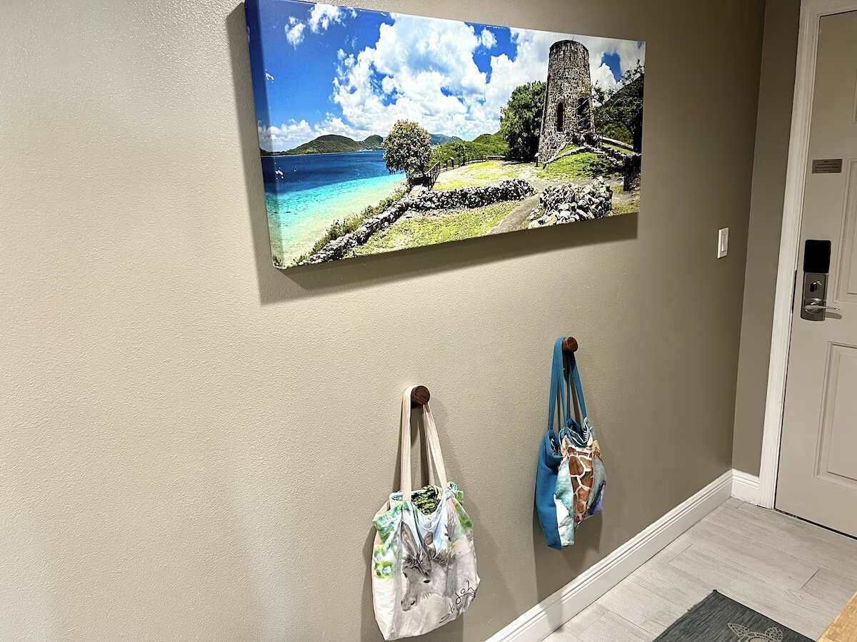 A hallway with a painting of a coastal landscape, a door, and two bags hanging on hooks.