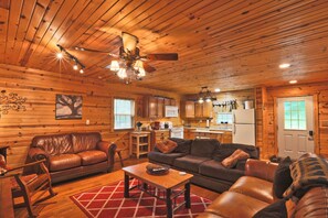 TV connectée, cheminée, lecteur de DVD, livres