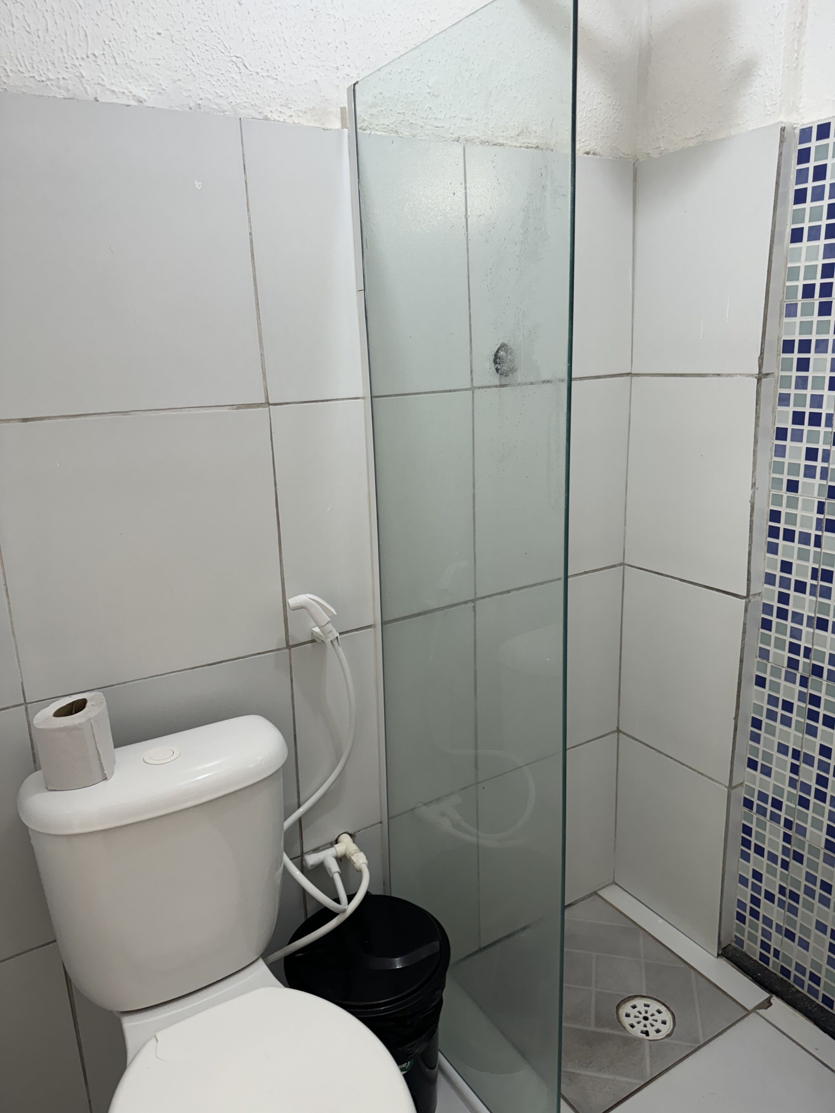 A bathroom with a toilet, a glass shower enclosure, and a tiled floor.