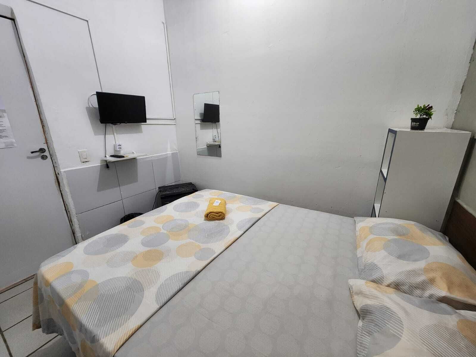 Une chambre d’hôtel avec un lit, un téléviseur fixé au mur, une petite plante et un miroir.