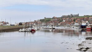 A harbor with boats, a waterfront promenade, and historic buildings in the background.