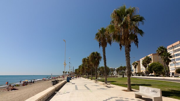 A beach promenade with palm trees, benches, and a clear view of the sea. - SW Mendoza 20 (Málaga)