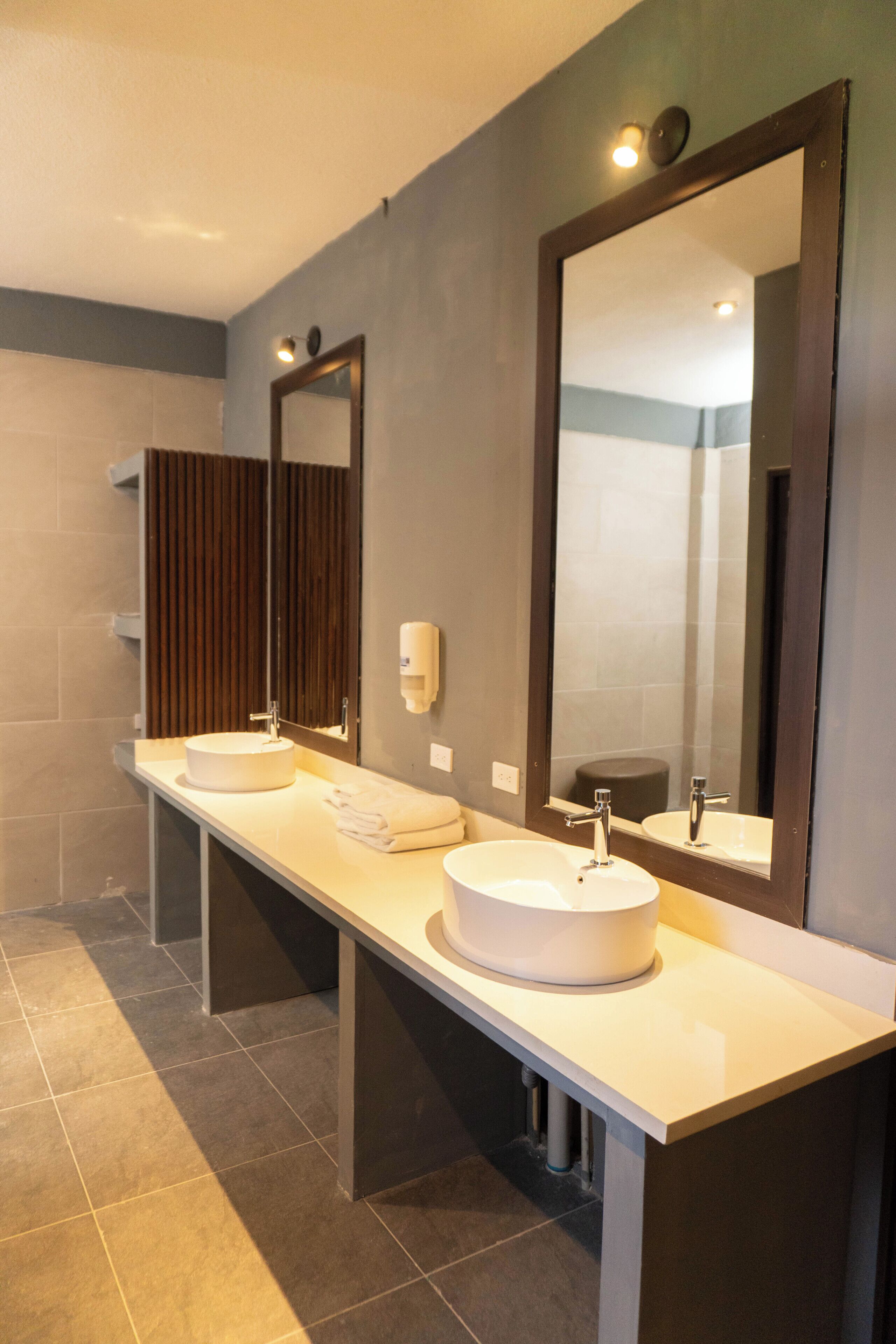 A modern bathroom with two sinks, a large mirror, and a towel rack.