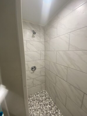 Combined shower/bathtub, hair dryer, towels, soap