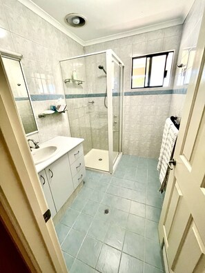 Shower, hair dryer, towels, soap