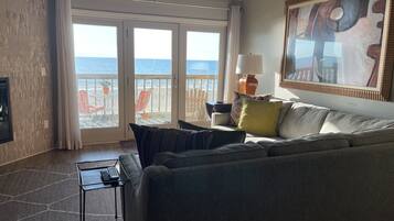 Smart TV, fireplace, books