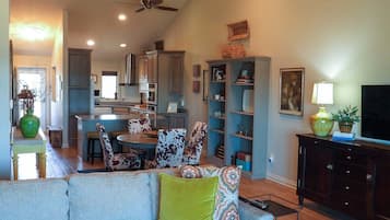 Smart TV, fireplace, books