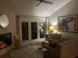 Smart TV, fireplace, books