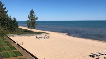 On the beach, sun loungers
