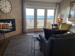 Smart TV, fireplace, books