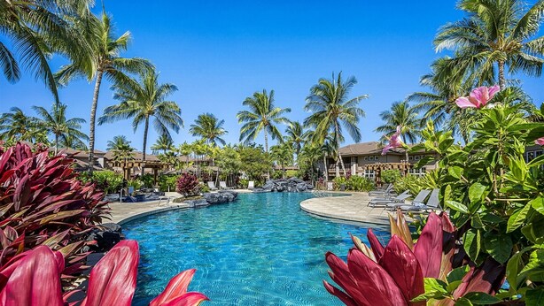 Área de piscina com água azul cristalina, rodeada por palmeiras e folhagem avermelhada, com espreguiçadeiras e um edifício ao fundo.