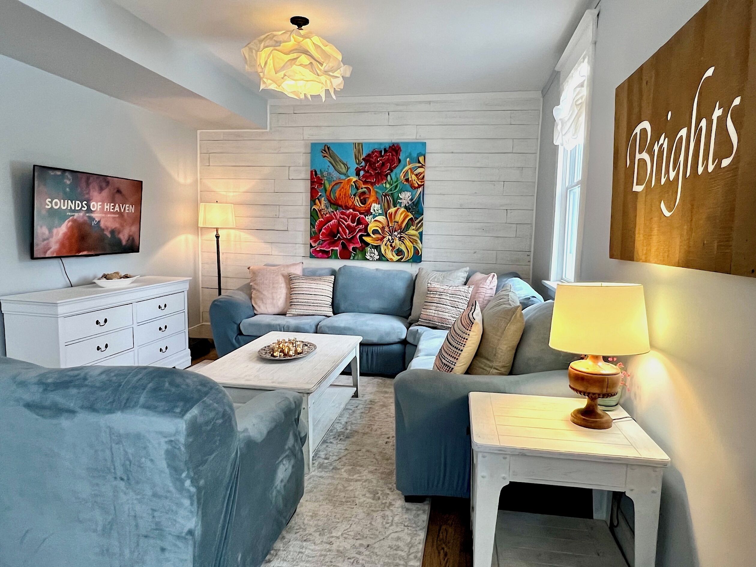 TV connectée, cheminée, livres