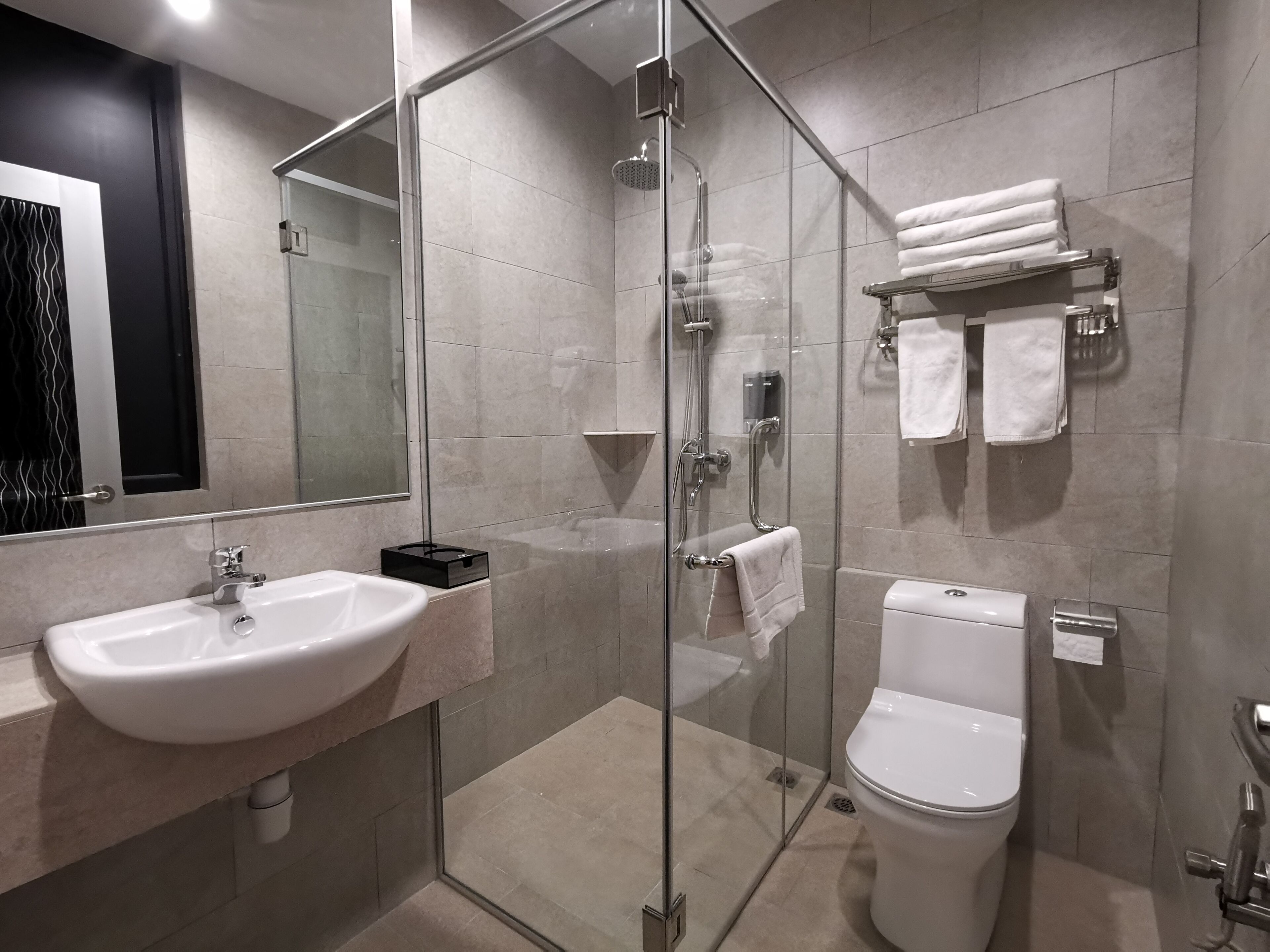 A modern bathroom with a glass-enclosed shower, a white sink, and a toilet.