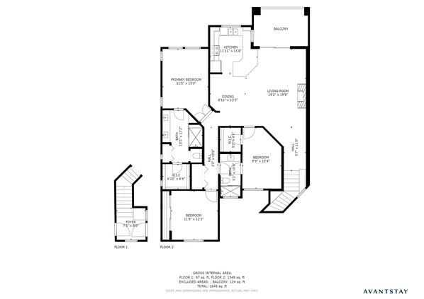 A floor plan of a two-floor apartment with a balcony, including a primary bedroom, dining room, kitchen, living room, two bedrooms, a bathroom, and a foyer.