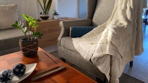 Un salón acogedor con un sofá gris, un plaid blanco de punto, una mesa de centro de madera con objetos decorativos y una planta en maceta.